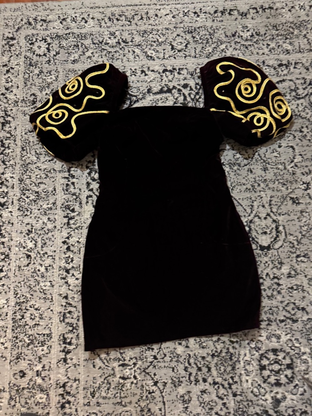 Deep burgundy vintage Velvet Mini Dress with Gold Embroidered Puff Sleeves